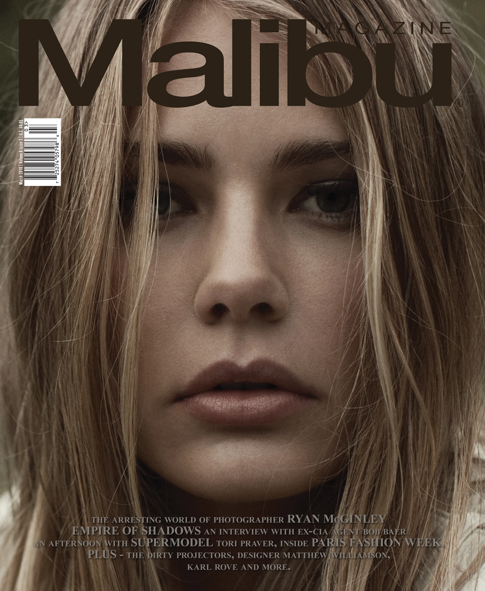 Malibu Magazine cover with a close-crop natural-light portrait