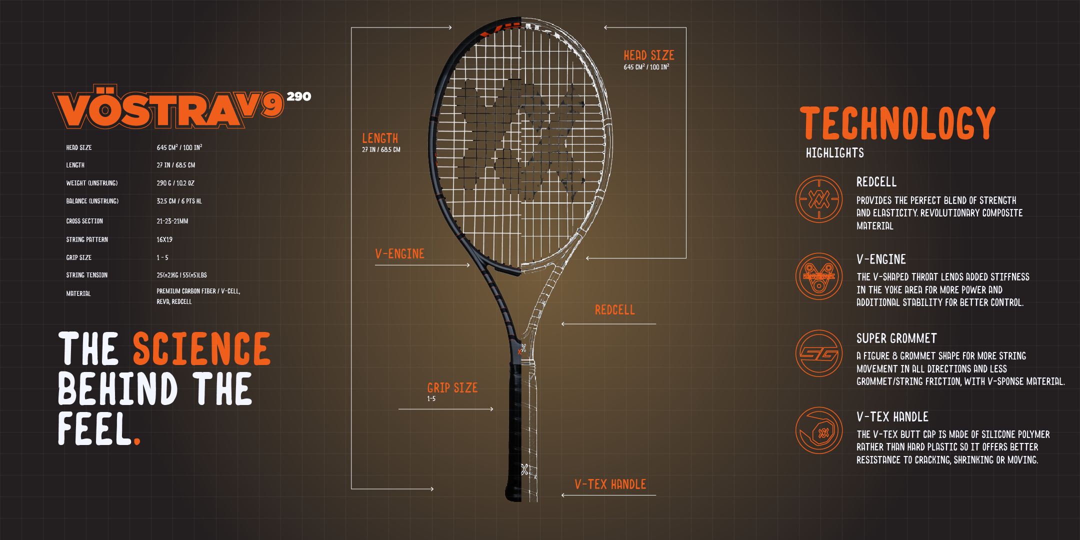 Detail shot of the Völkl Vostra V9 racket string bed and frame