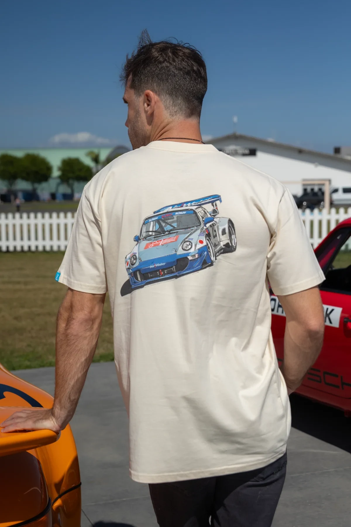 Back of a LUFT tee with an illustrated air-cooled race car graphic
