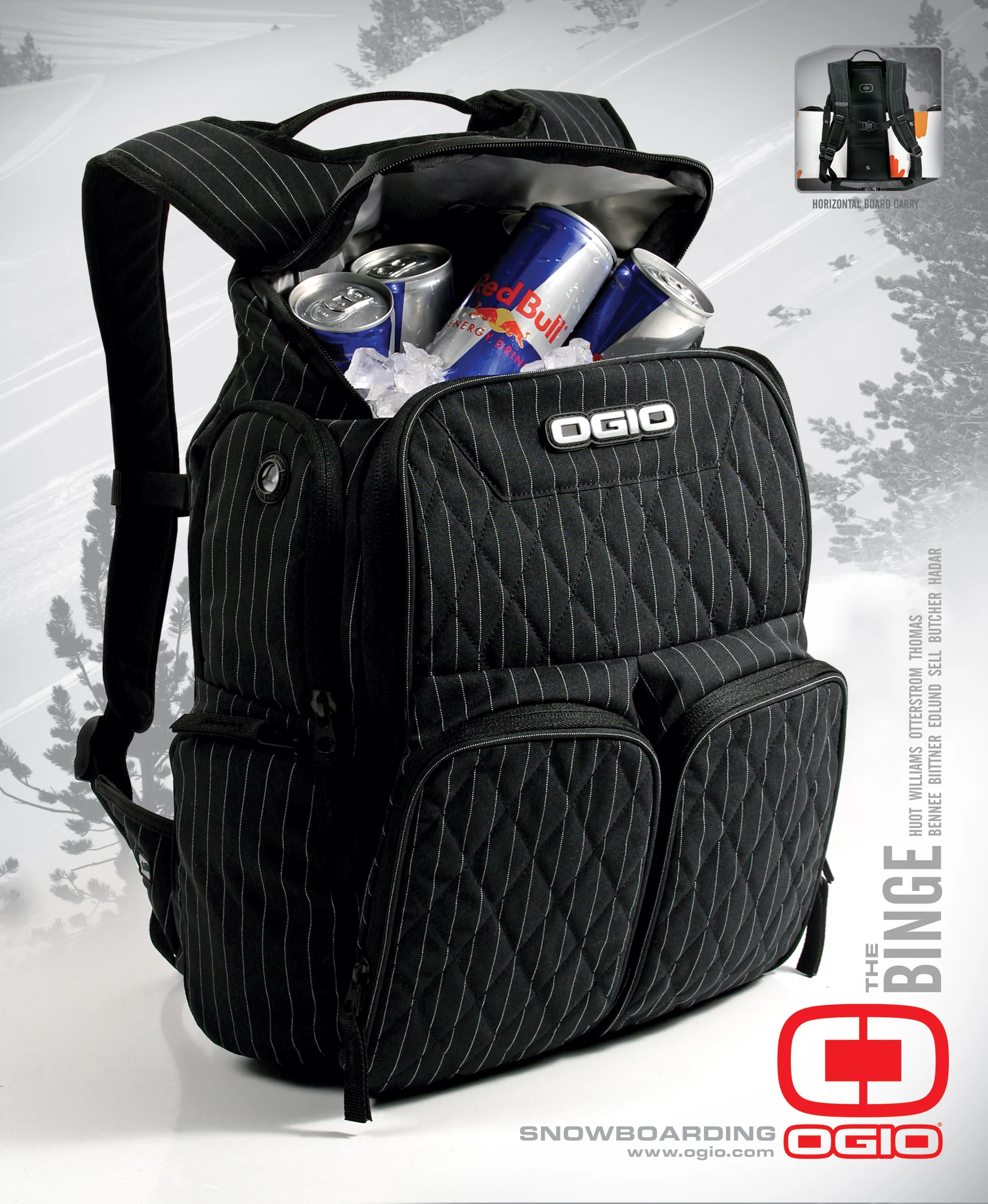 OGIO Binge backpack print advertisement with the pack opened to reveal storage