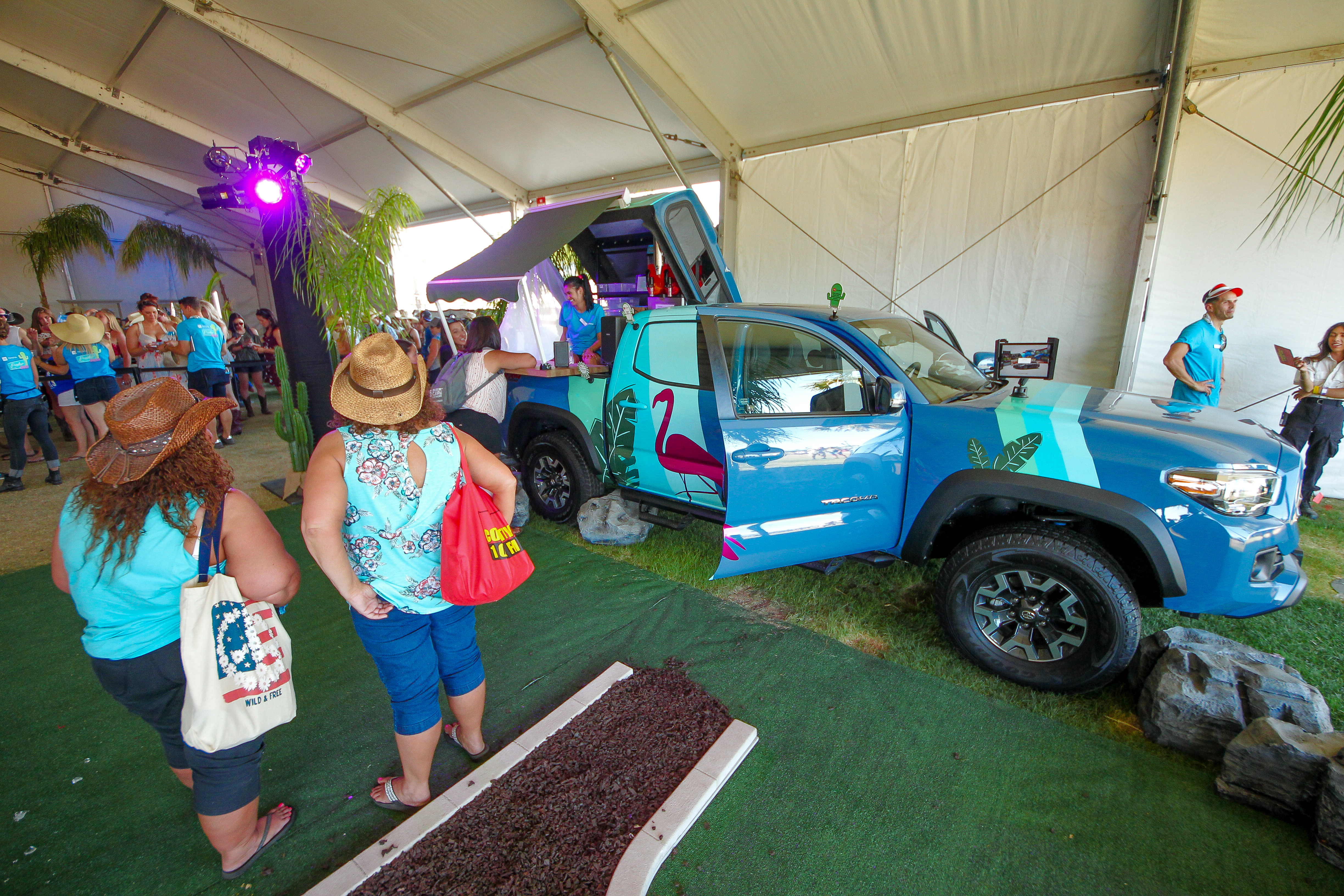 Toyota Tacoma food truck with flamingo styling at Paradise Park