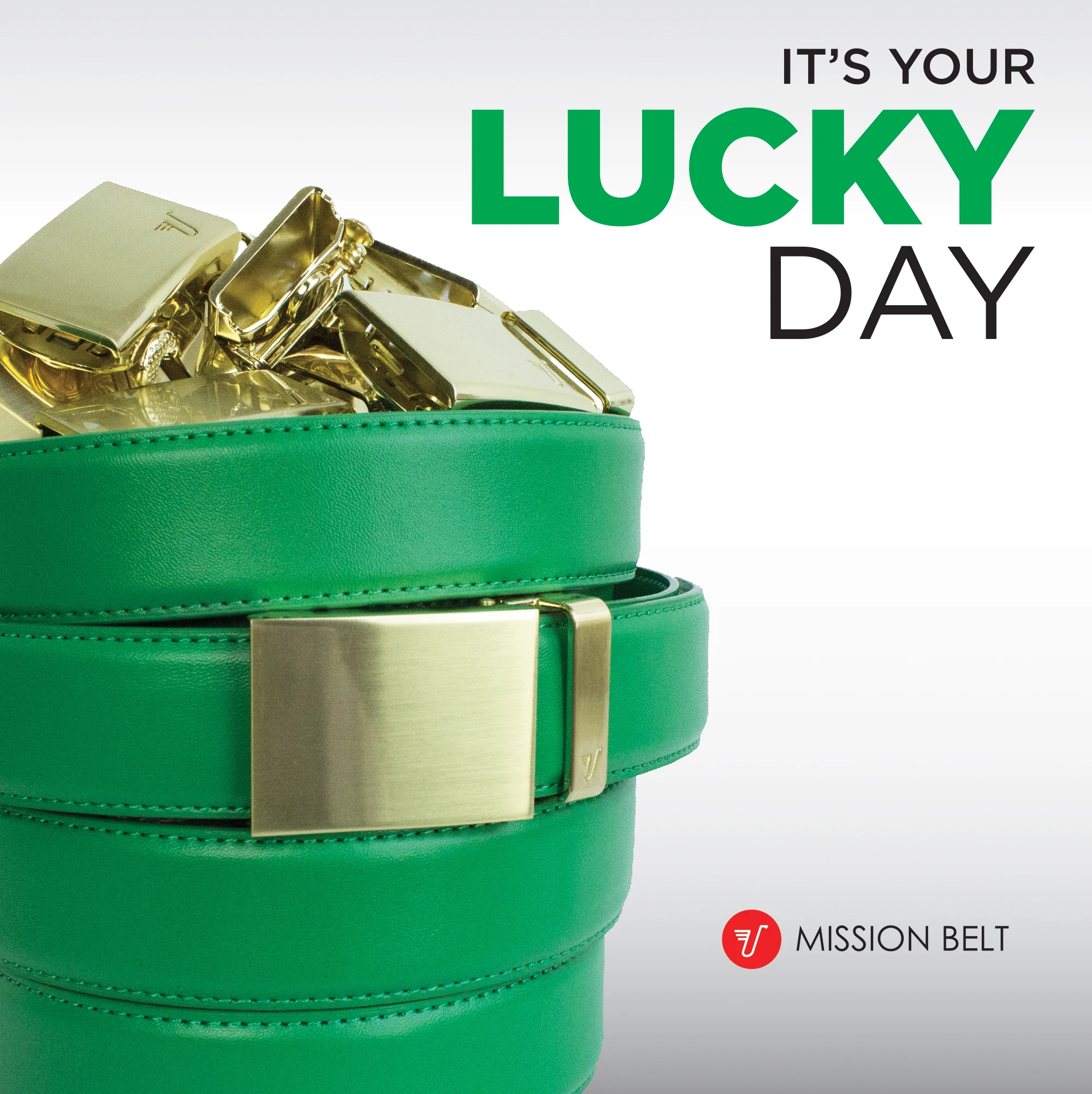Mission Belt green leather belt with a gold buckle photographed for a seasonal campaign