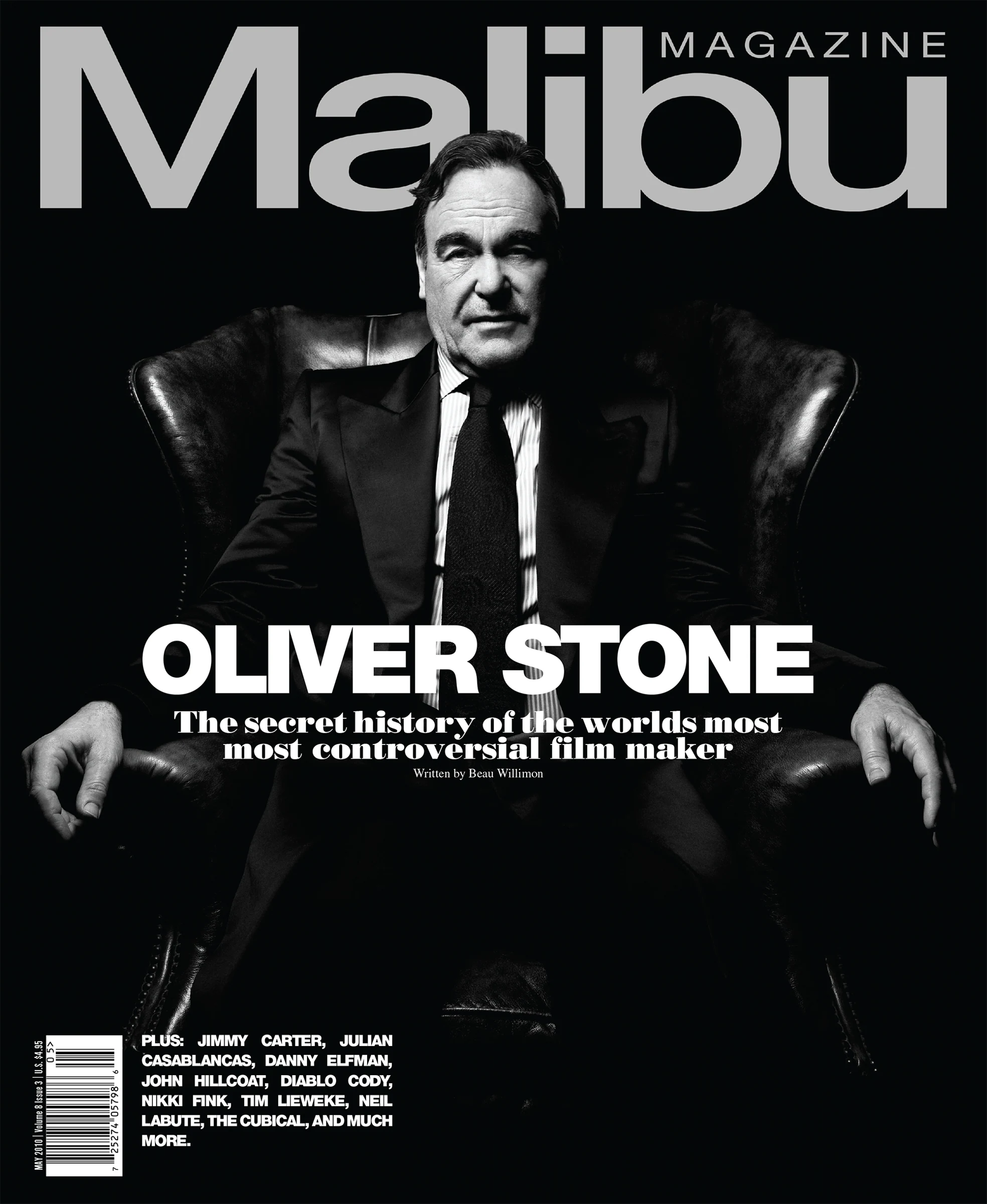 Malibu Magazine cover featuring a black and white portrait of Oliver Stone