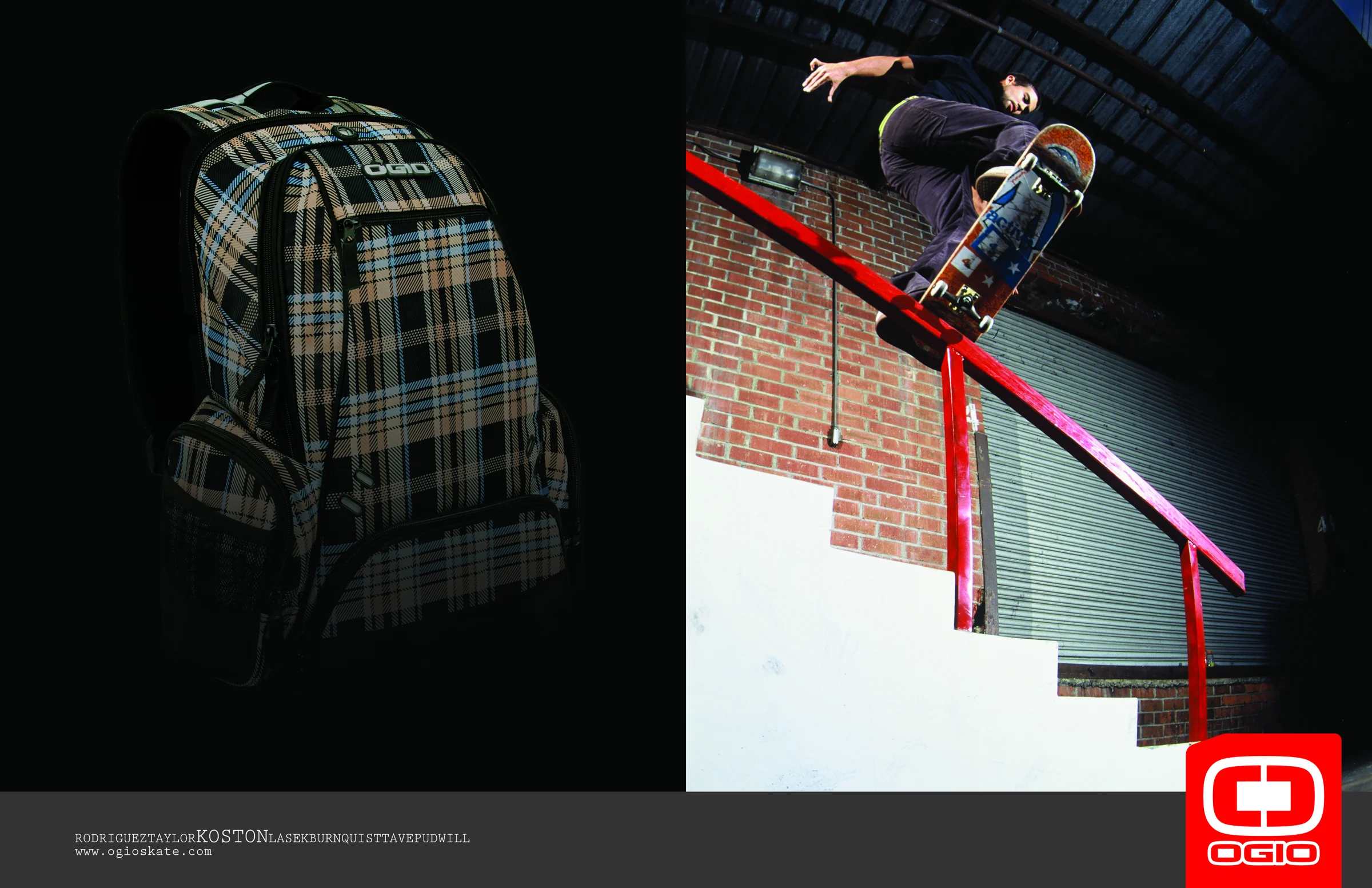 OGIO print advertisement featuring a skate athlete alongside a plaid backpack